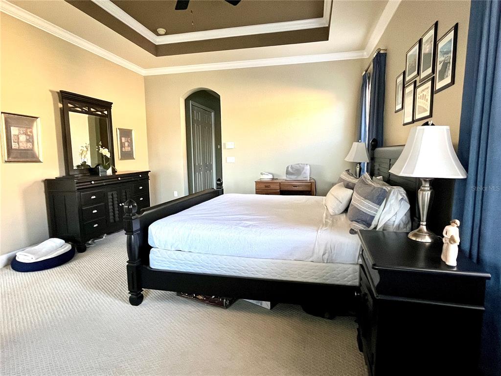 A bedroom features a dark wood bed frame, matching dresser, and a tray ceiling — 7709 RIVER PRESERVE DRIVE, BRADENTON, FL