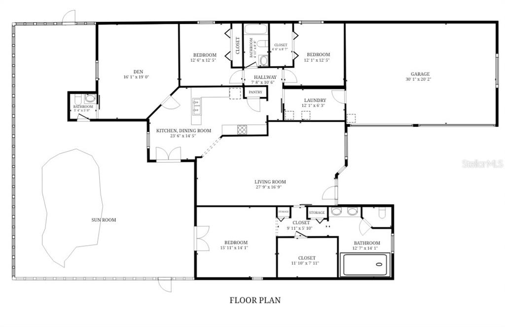 This is a floor plan showing a house with a garage, sunroom, and multiple bedrooms — 15681 SW 16TH TERRACE, OCALA, FL