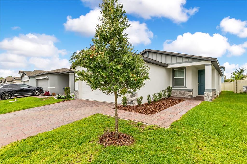 A single-story house with a paved driveway, a front tree, and a blue front door — 1831 CARNOSTIE ROAD, WINTER HAVEN, FL