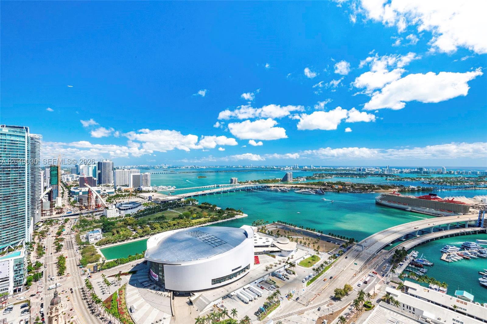 An aerial view of the Kaseya Center and surrounding Miami waterfront with a cruise ship — 398 NE 5th St # 4001, Miami FL 33132, MIAMI, FL
