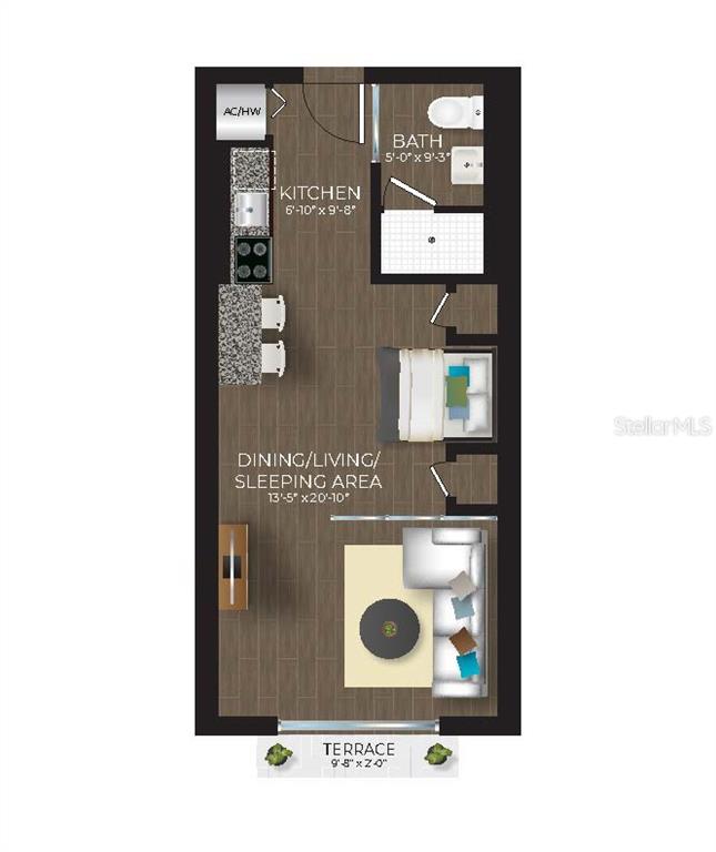 This is a floor plan for a studio apartment featuring a kitchen, bathroom, and terrace — 536 BAHIA BEACH BOULEVARD UNIT 311A, RUSKIN, FL