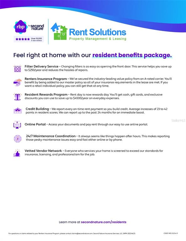 This is an informational flyer detailing the benefits package for Rent Solutions property management residents — 10956 WISHING CLOUD ROAD, LAND O LAKES, FL
