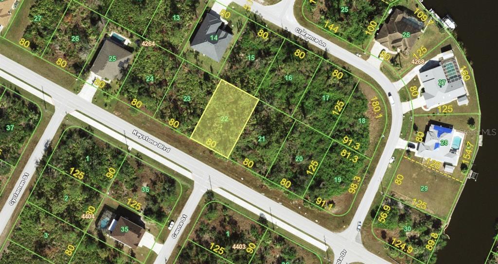 This is an aerial map showing residential lots and street layouts in a neighborhood — 13364 KEYSTONE BOULEVARD, PORT CHARLOTTE, FL