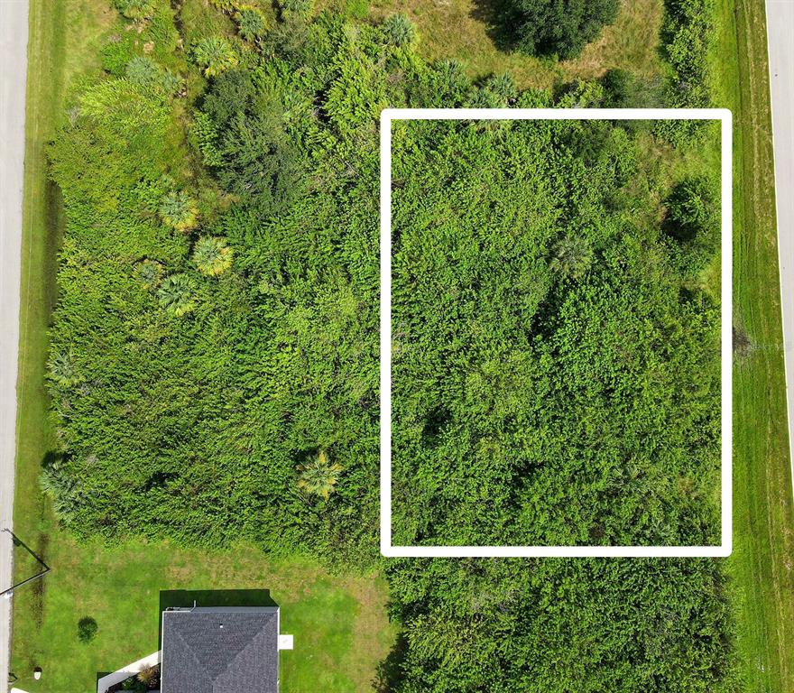 An aerial view shows a rectangular, tree-covered vacant lot outlined in white next to a house — 19916 KENILWORTH BOULEVARD, PORT CHARLOTTE, FL