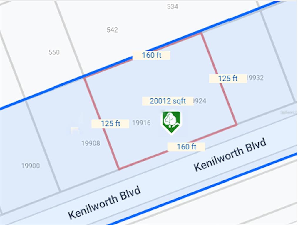 This is a map showing a rectangular property lot with dimensions of 160 by 125 feet — 19916 KENILWORTH BOULEVARD, PORT CHARLOTTE, FL