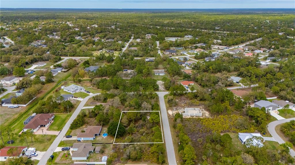 An aerial view shows a vacant, wooded residential lot outlined in white along a paved road — PAIGO LANE, NORTH PORT, FL