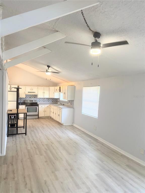 An open-concept kitchen and living area with white cabinets, light wood flooring, and vaulted ceilings — 1505 N ORANGE STREET, PLANT CITY, FL