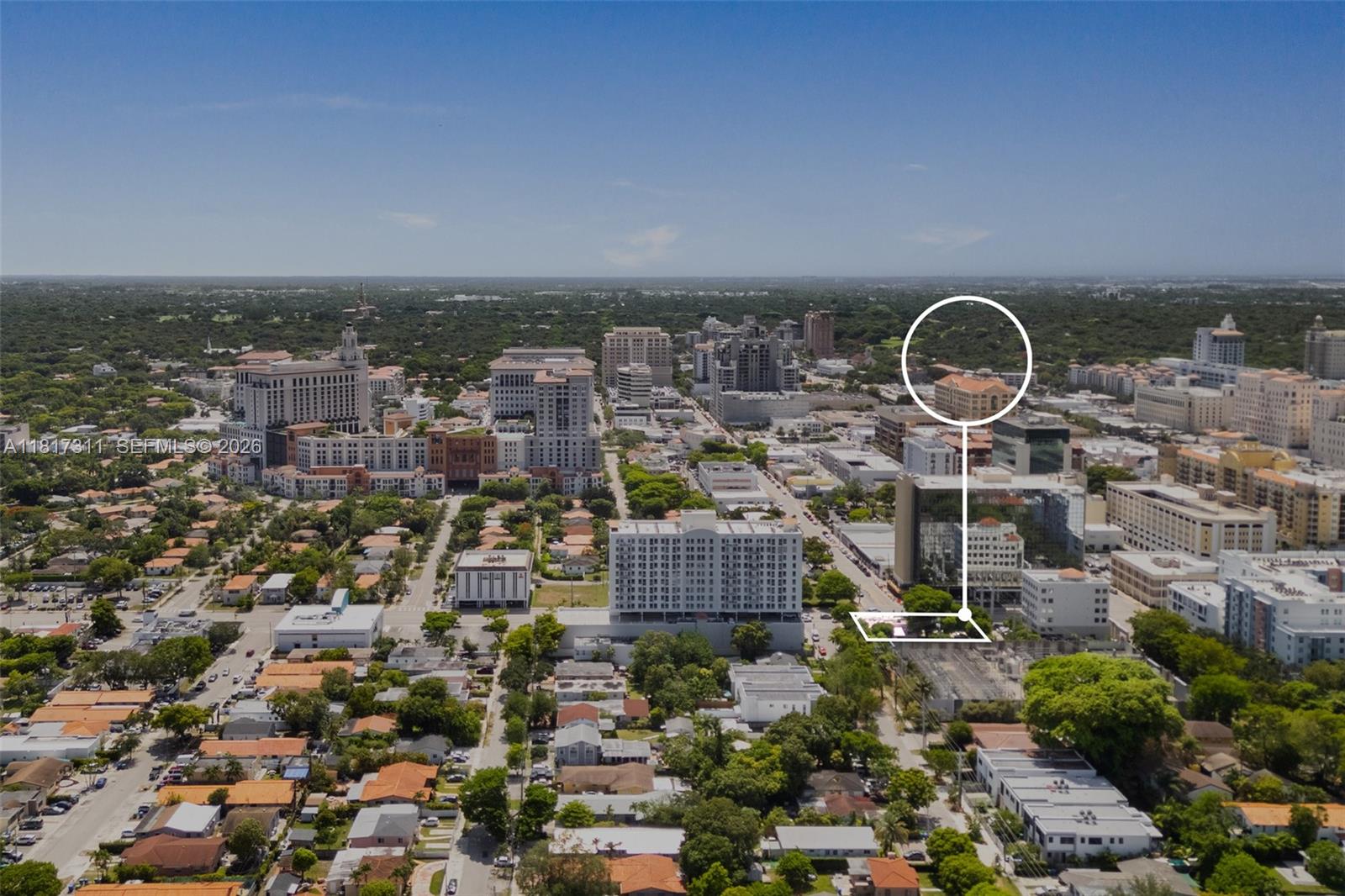 This is an aerial view of a city neighborhood with a highlighted building — 2345 SW 37th Ave, Miami FL 33145, MIAMI, FL