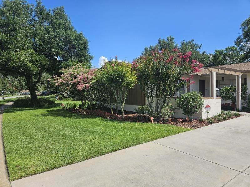 A single-story house features a concrete driveway, a pergola, and blooming crape myrtle trees — 120 LARKWOOD DRIVE, SANFORD, FL