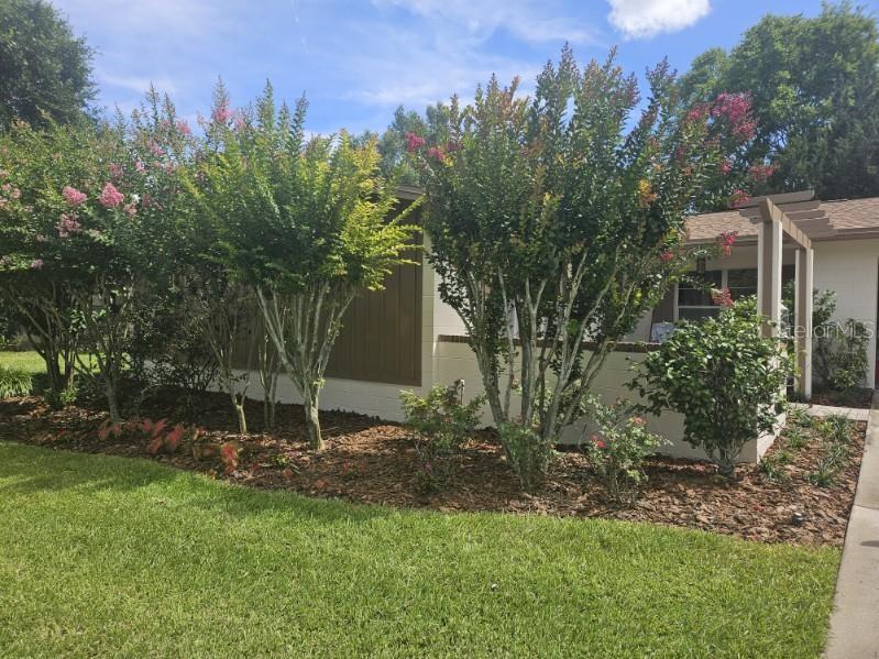 A house exterior features a landscaped front yard with several flowering crape myrtle trees — 120 LARKWOOD DRIVE, SANFORD, FL