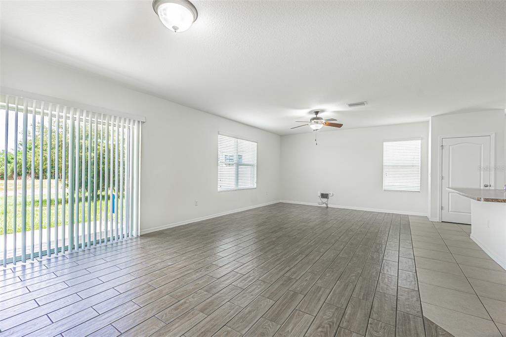 An empty living room features wood-look tile flooring, white walls, a ceiling fan, and sliding doors — 10536 WHISPERING HAMMOCK DRIVE, RIVERVIEW, FL