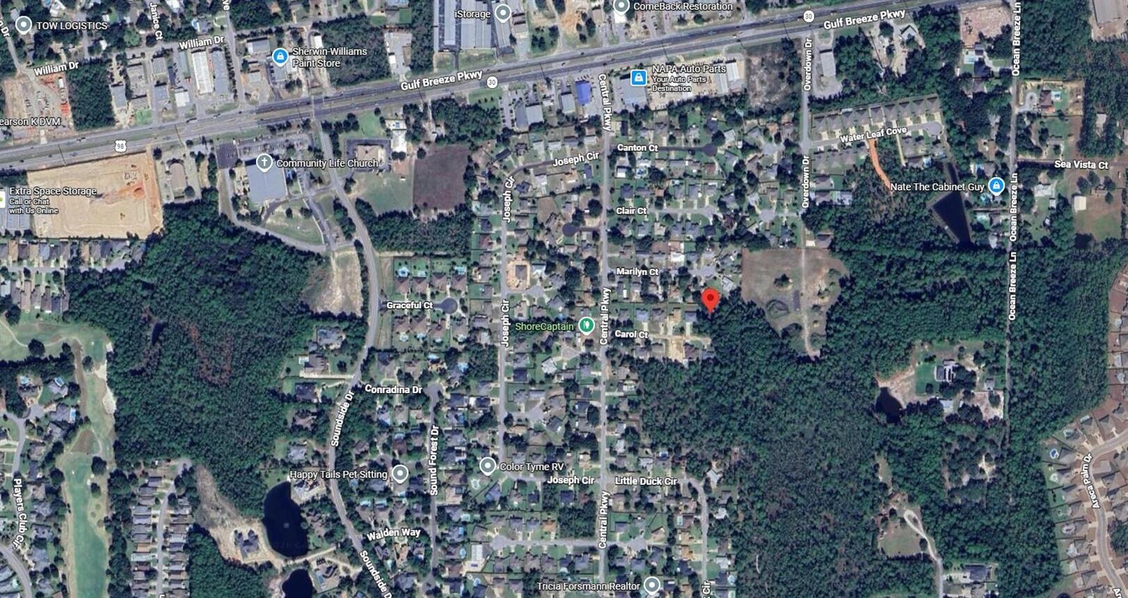 This is an aerial map view of a residential neighborhood in Gulf Breeze, Florida — 4395 Carol Court, FL 32563, FL
