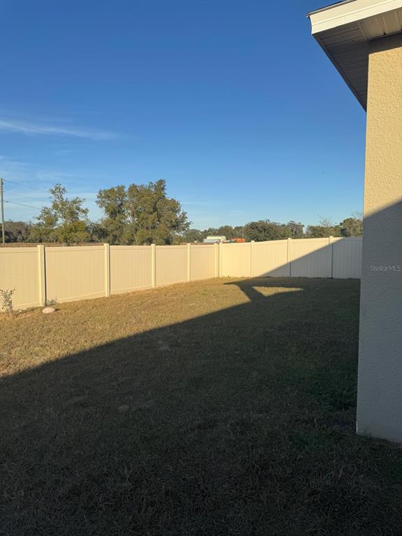 A fenced backyard with dry grass and a view of trees under a clear sky — 528 BOARDWALK AVENUE, HAINES CITY, FL