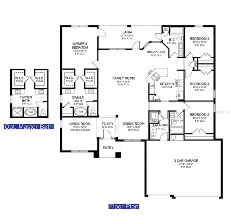 This floor plan shows a four-bedroom house with a three-car garage and an optional master bath — 5731 ZINKLE STREET, NORTH PORT, FL