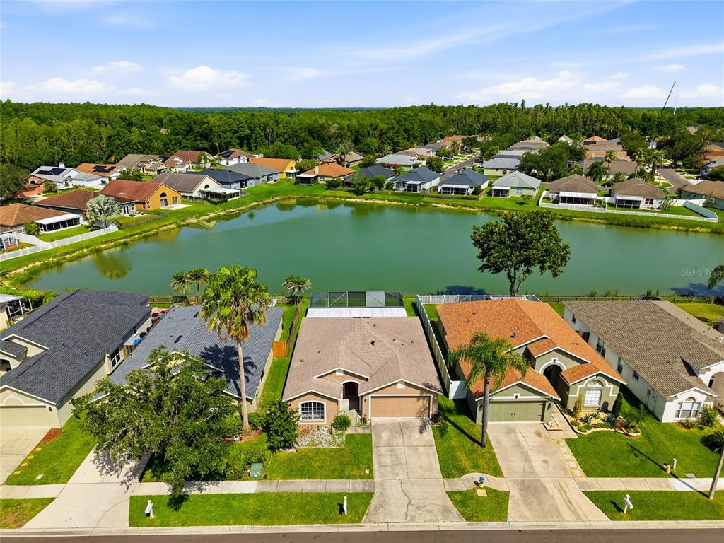 An aerial view shows a suburban neighborhood with houses bordering a central lake — 29417 CROSSLAND DRIVE, WESLEY CHAPEL, FL