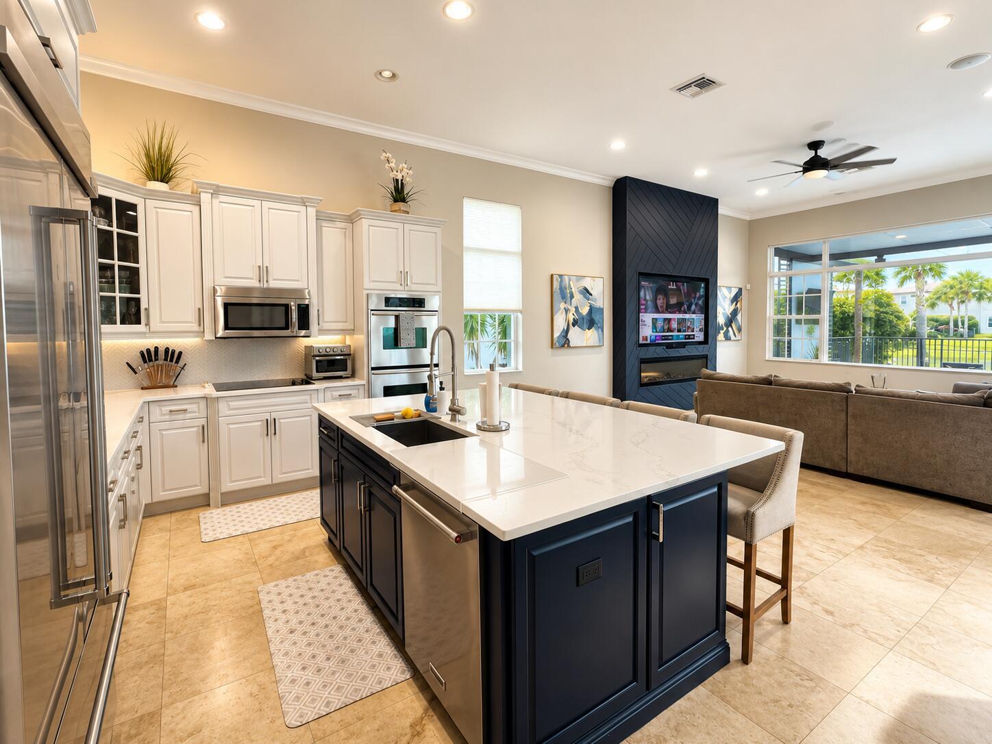 A covered patio features outdoor furniture, a ceiling fan, and a view of a swimming pool — 8170 NW 124th Terrace, Parkland FL 33076, PARKLAND, FL