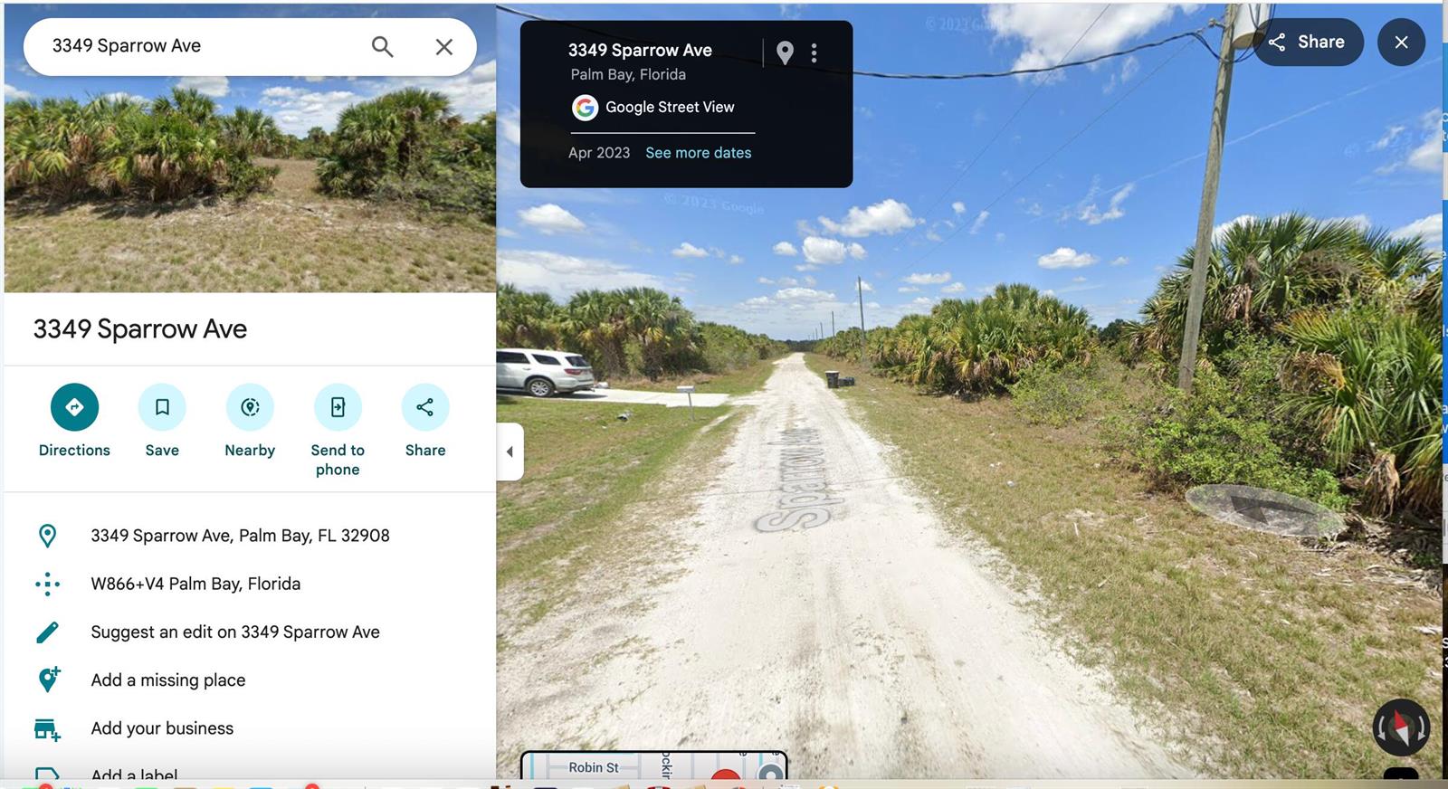 This image shows a Google Maps street view of a dirt road in a wooded area — 3349 Sparrow Avenue, Palm Bay FL 32908, PALM BAY, FL