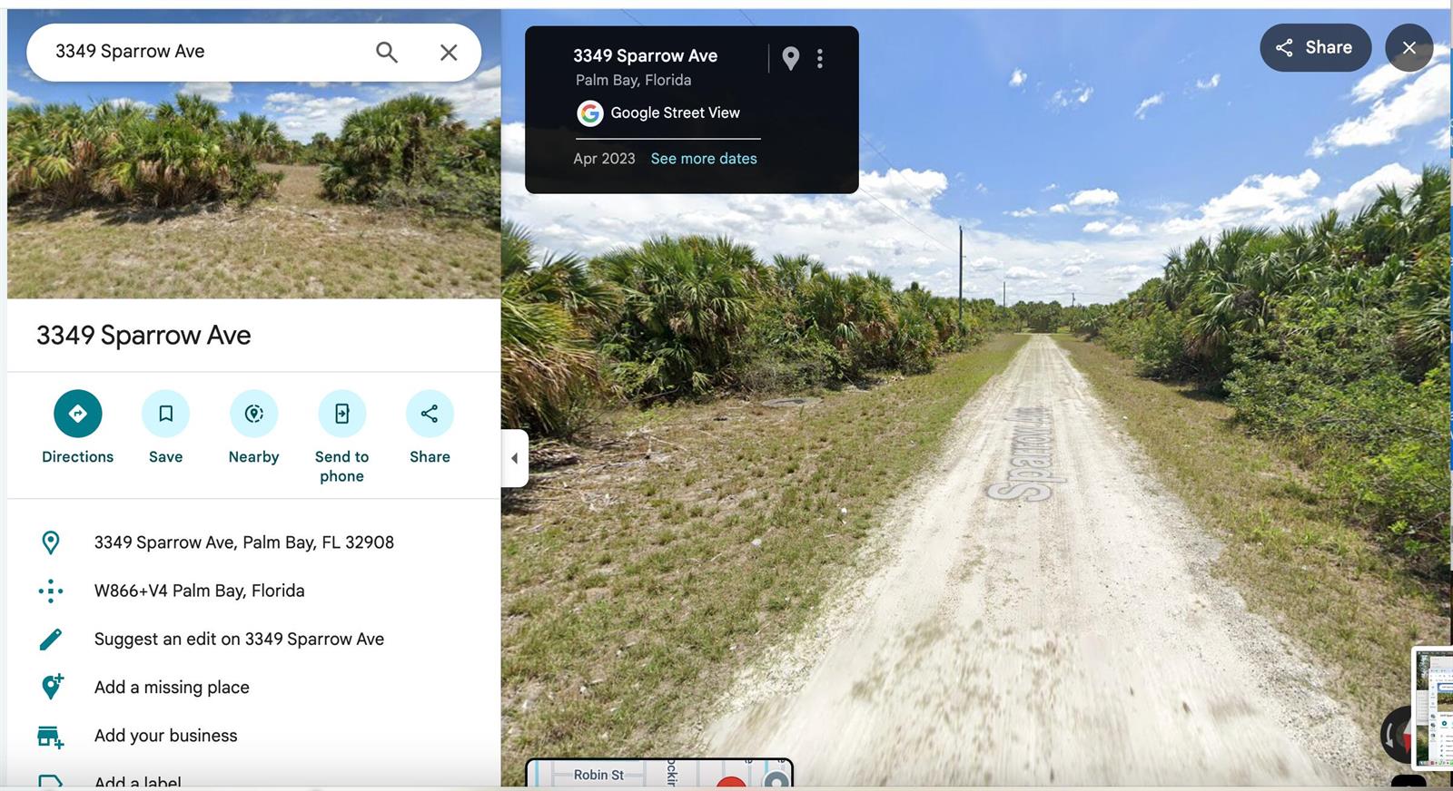 This is a Google Maps street view of a dirt road surrounded by dense vegetation — 3349 Sparrow Avenue, Palm Bay FL 32908, PALM BAY, FL