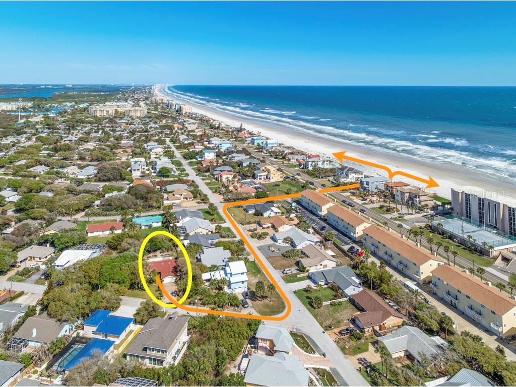 An aerial view shows a residential neighborhood with a highlighted house and beach access path — 66 BEVERLY HILLS AVENUE, PONCE INLET, FL