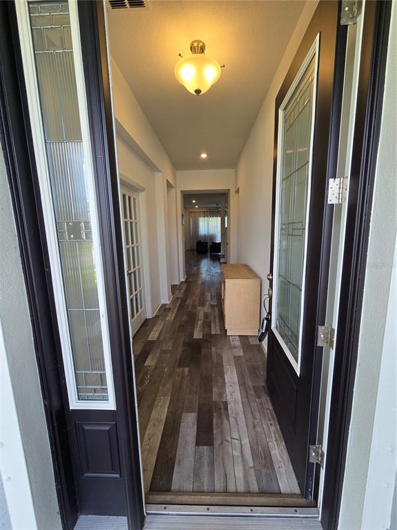 A view through an open front door into a hallway with wood-look flooring — 863 W BAYSHORE DRIVE, TARPON SPRINGS, FL