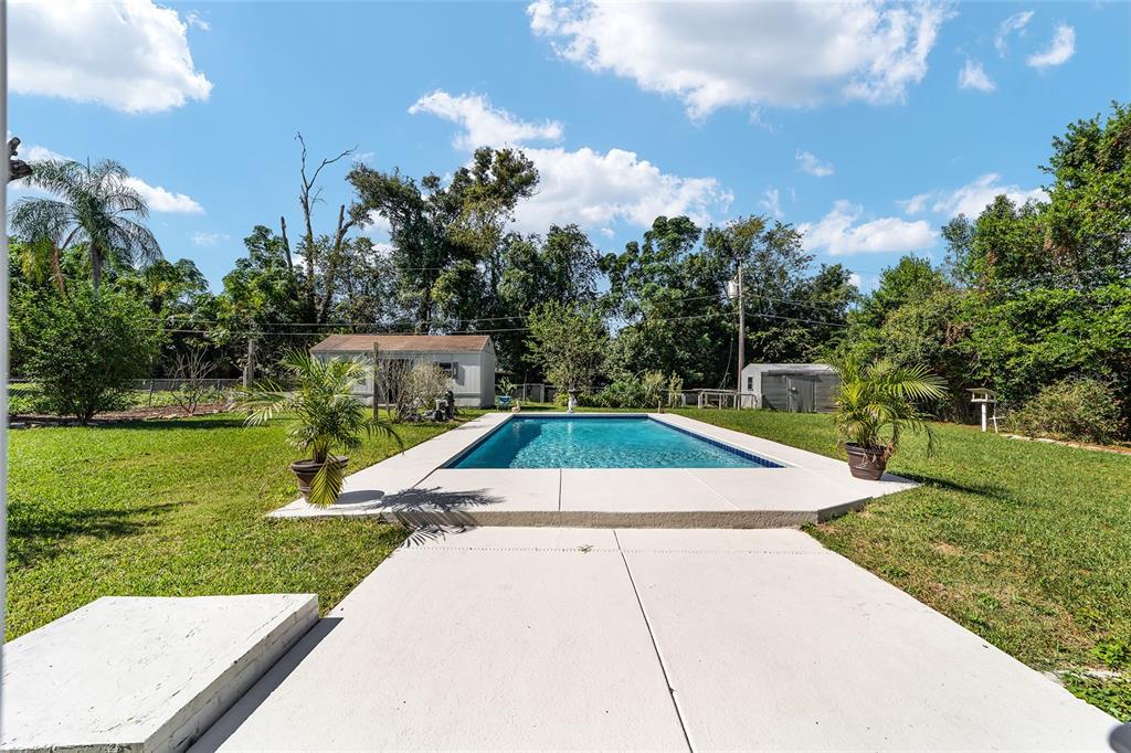 A rectangular swimming pool sits in a grassy backyard with two small sheds and trees — 3612 SE 34TH COURT, OCALA, FL