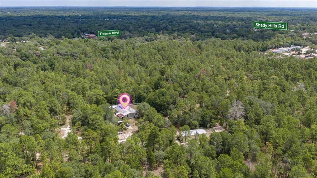 An aerial view shows a house and a detached building surrounded by a dense forest — 15624 PEACE BOULEVARD, SPRING HILL, FL