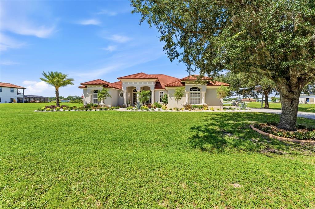 A single-story house with a red tile roof sits on a large, grassy lot — 24355 HIDEOUT TRAIL, LAND O LAKES, FL