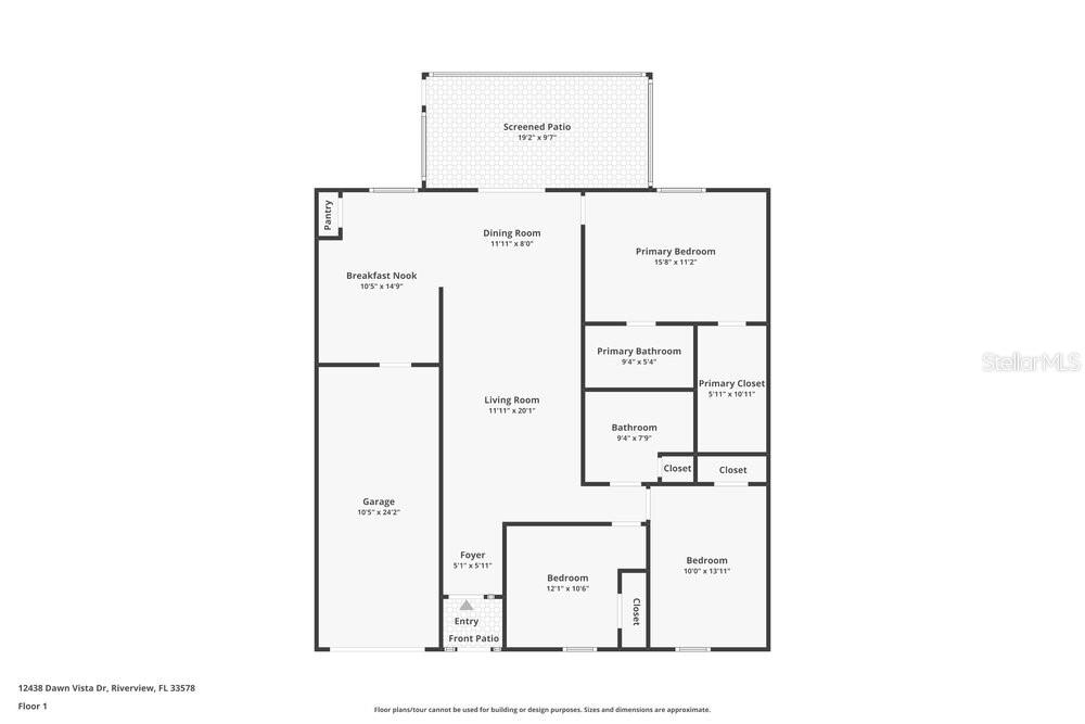 This is a floor plan showing a single-story home with three bedrooms, two bathrooms, and a garage — 12438 DAWN VISTA DRIVE, RIVERVIEW, FL