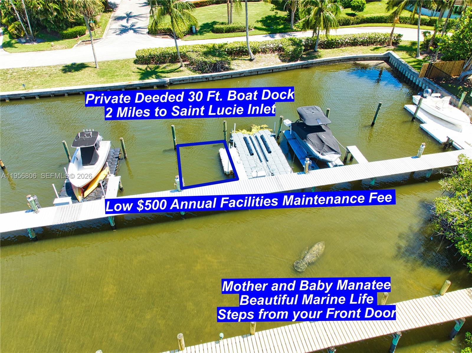 An aerial view shows a boat dock with two vessels and a manatee in the water — 123 S Sewalls Point Rd, Sewalls Point FL 34996, SEWALLS POINT, FL