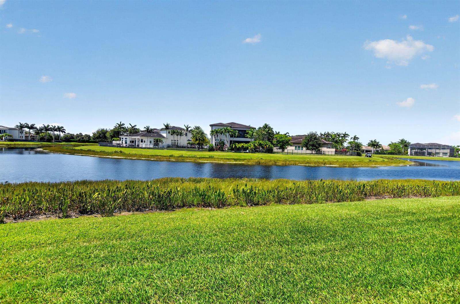 A grassy lawn overlooks a pond with residential houses in the background under a blue sky — 9168 Benedetta Place, Boca Raton FL 33496, BOCA RATON, FL