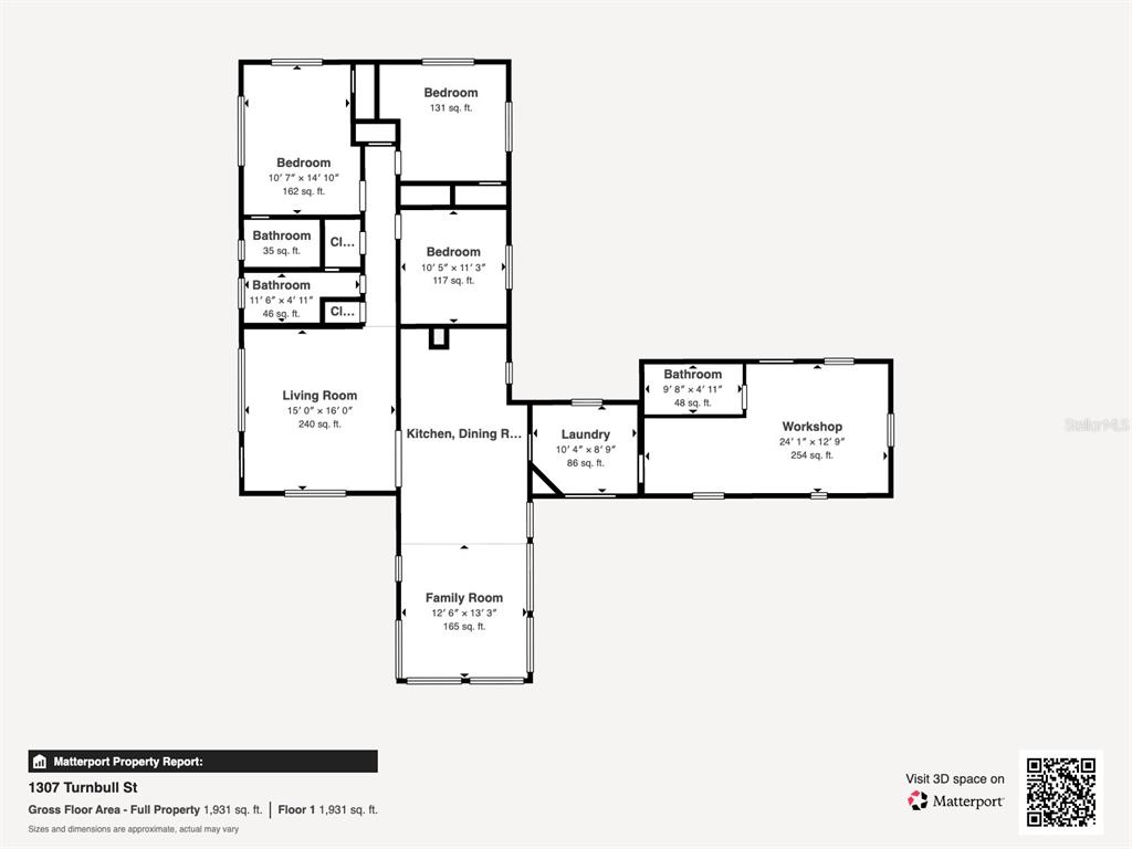 This is a floor plan showing the layout of a house with multiple rooms — 1307 TURNBULL STREET, NEW SMYRNA BEACH, FL