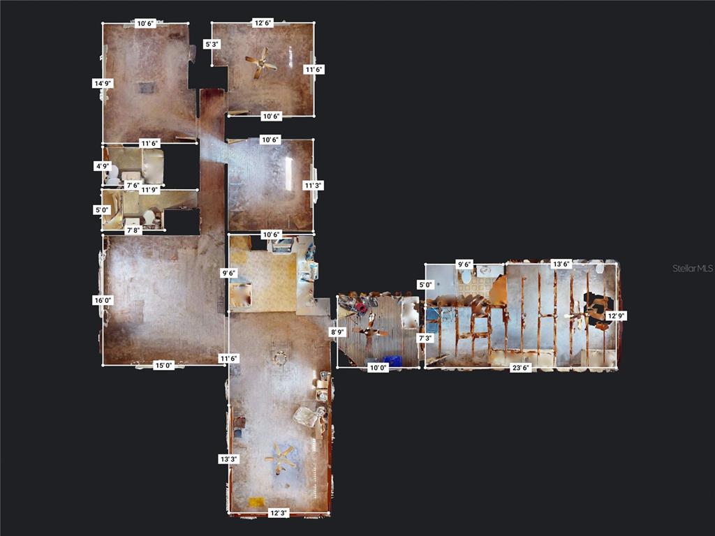 This is a 3D floor plan rendering of a home with multiple rooms and unfinished flooring — 1307 TURNBULL STREET, NEW SMYRNA BEACH, FL