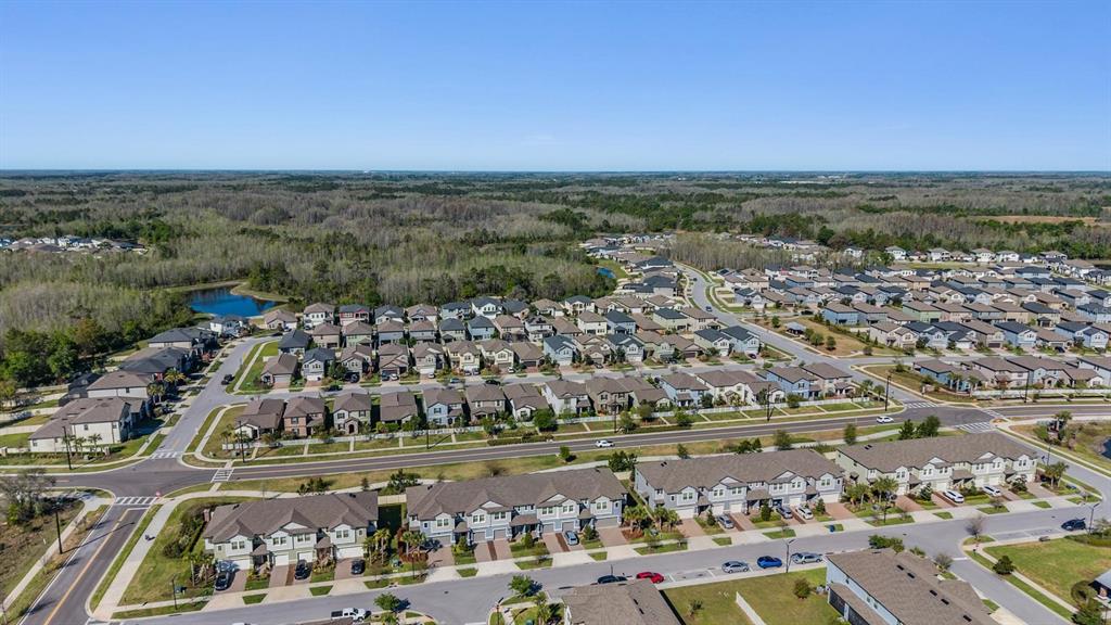 An aerial view shows a suburban neighborhood with rows of houses, streets, and surrounding woods — 9661 ASHWORTH PLACE, LAND O LAKES, FL