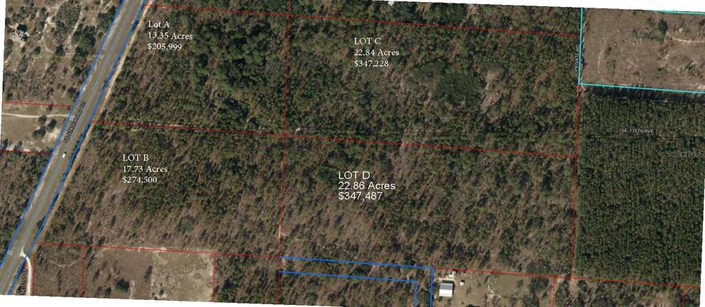An aerial map shows four rectangular land parcels labeled A, B, C, and D — SE STATE ROAD 121 LOT A & B, MORRISTON, FL