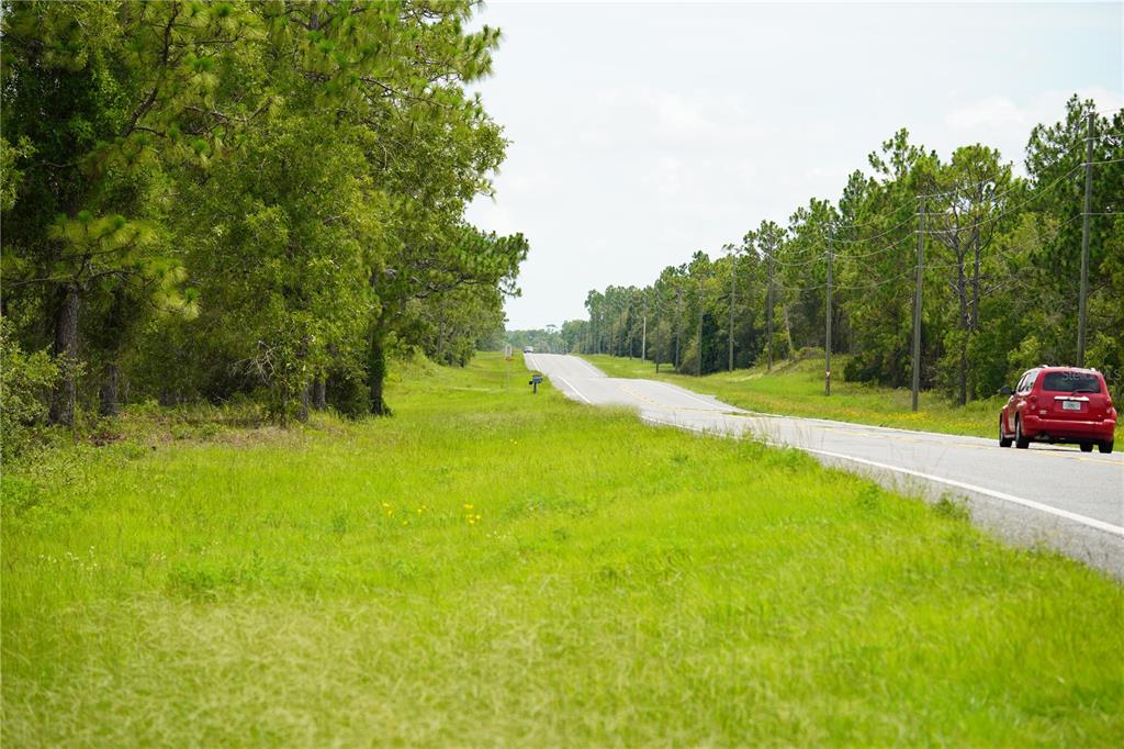 A red car drives on a paved road bordered by grassy fields and pine trees — SE STATE ROAD 121 LOT A & B, MORRISTON, FL