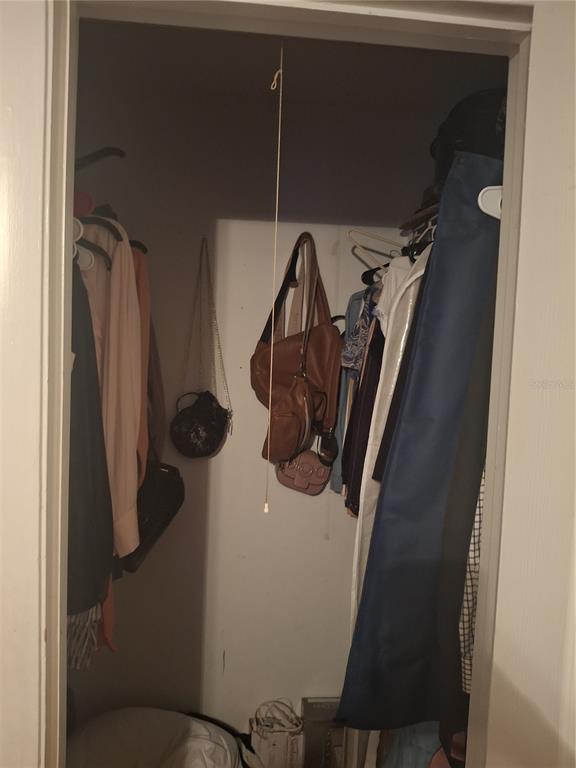A reach-in closet contains hanging clothes, several handbags, and a pull-string light fixture — 151 OYSTER BAY CIRCLE UNIT 300, ALTAMONTE SPRINGS, FL