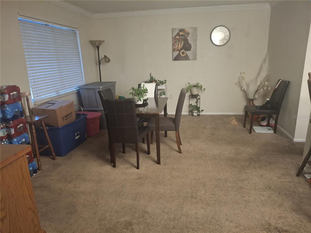 A dining area features a table with chairs, carpeted flooring, and several storage bins — 151 OYSTER BAY CIRCLE UNIT 300, ALTAMONTE SPRINGS, FL