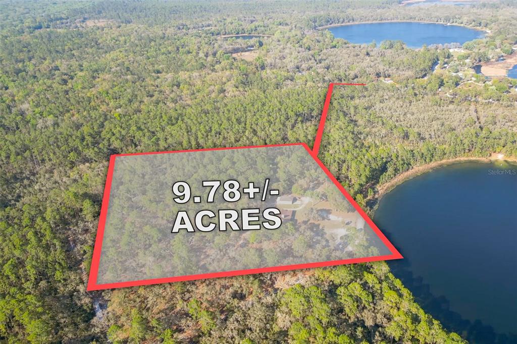 An aerial view shows a wooded plot of land marked with a red boundary line — 8600 NE 147TH AVENUE ROAD, SILVER SPRINGS, FL