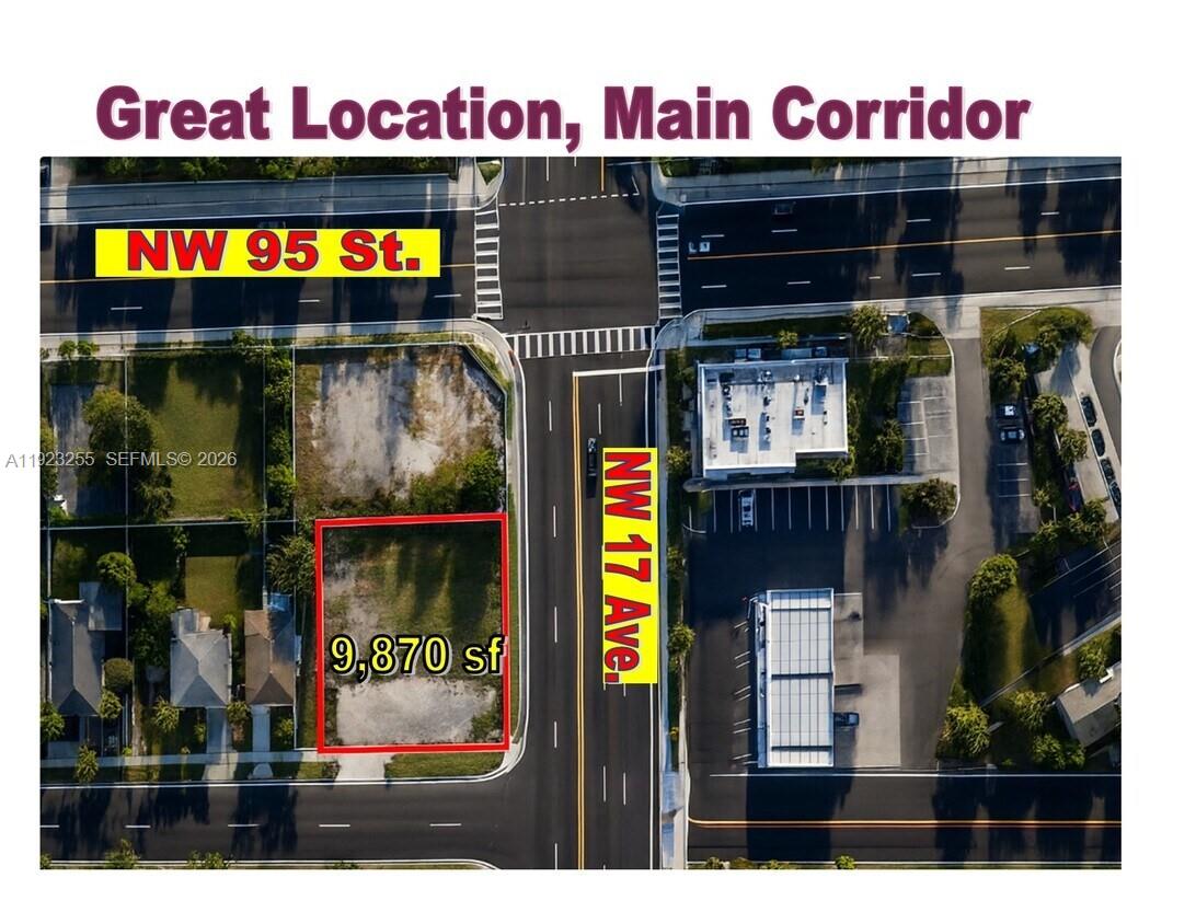 An aerial map shows a vacant rectangular lot highlighted in red near a street intersection — 9400 NW 17th Ave, Miami FL 33147, MIAMI, FL