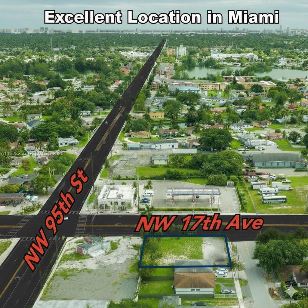 An aerial view shows a vacant rectangular lot situated at a street intersection — 9400 NW 17th Ave, Miami FL 33147, MIAMI, FL