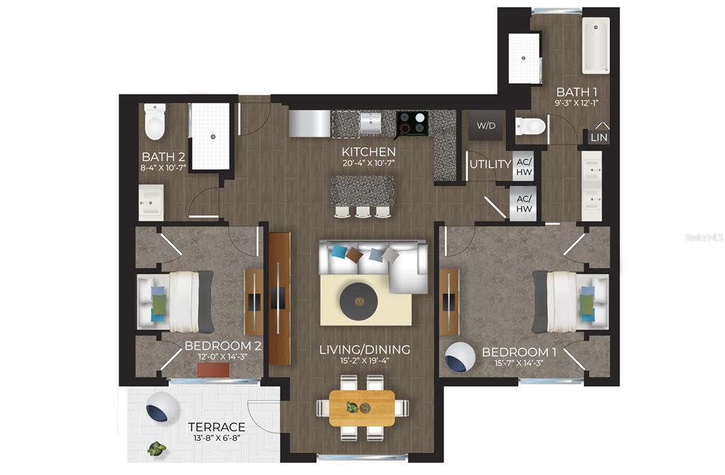 This is a floor plan for a two-bedroom, two-bathroom apartment with a terrace — 536 BAHIA BEACH BOULEVARD UNIT 503A, RUSKIN, FL
