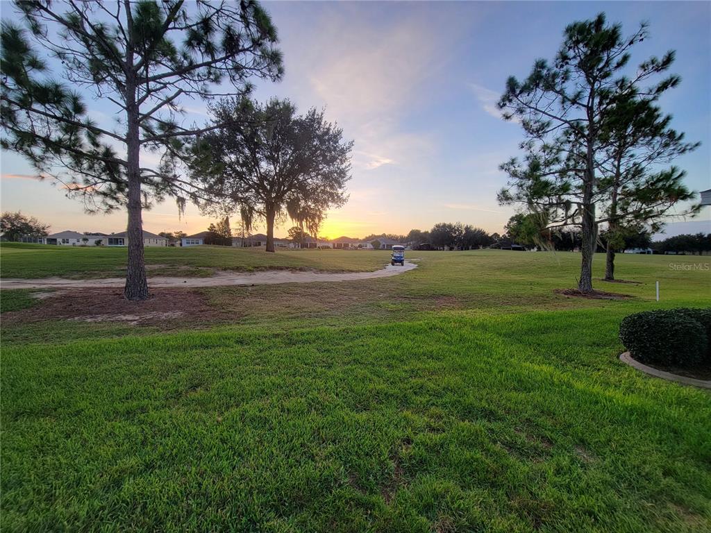 A golf cart sits on a path in a grassy field at sunset with trees — 27343 ROANOKE DRIVE, LEESBURG, FL