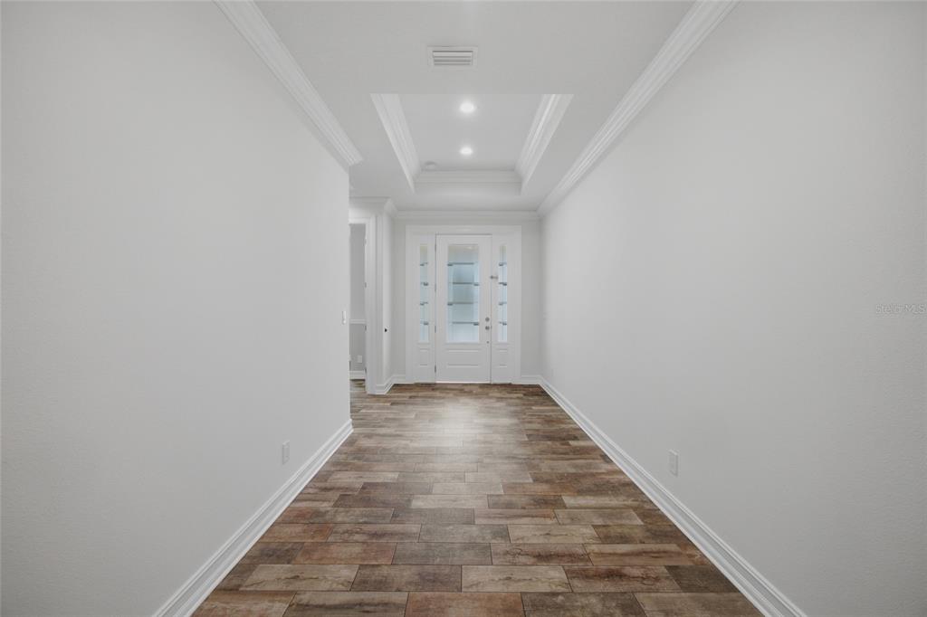 A bright entryway features white walls, crown molding, and wood-look tile flooring — 1707 E EMMA STREET, TAMPA, FL