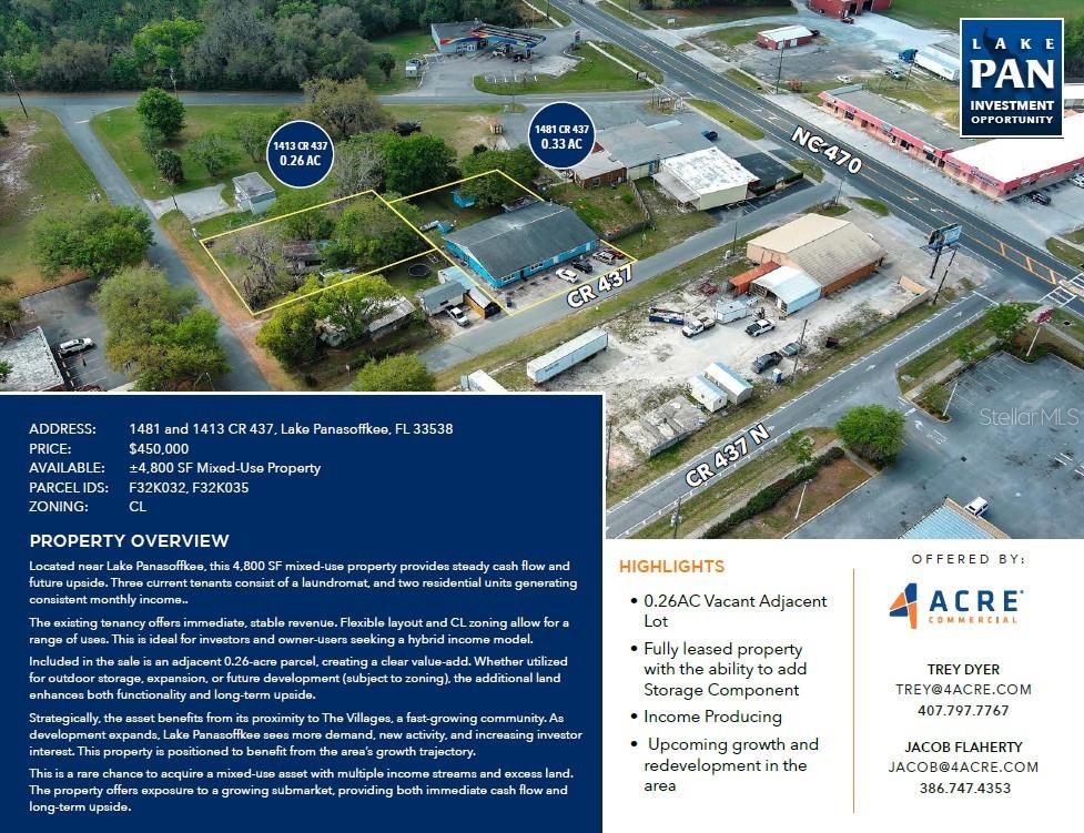 An aerial view shows two adjacent commercial and residential lots with buildings near a road — 1481 CR 437, LAKE PANASOFFKEE, FL