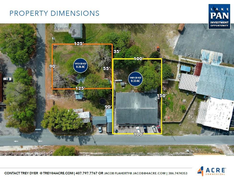 An aerial map shows two adjacent rectangular land parcels with their respective dimensions and acreages — 1481 CR 437, LAKE PANASOFFKEE, FL