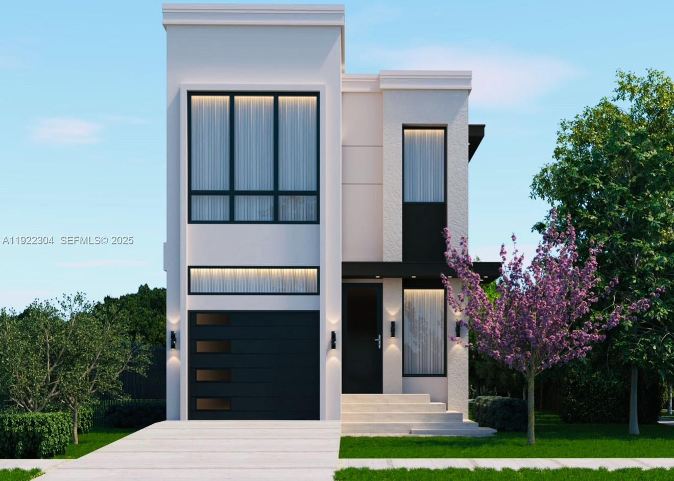 This is a rendering of a modern two-story house with a garage and white exterior — 1452 Jefferson St, Hollywood FL 33020, HOLLYWOOD, FL