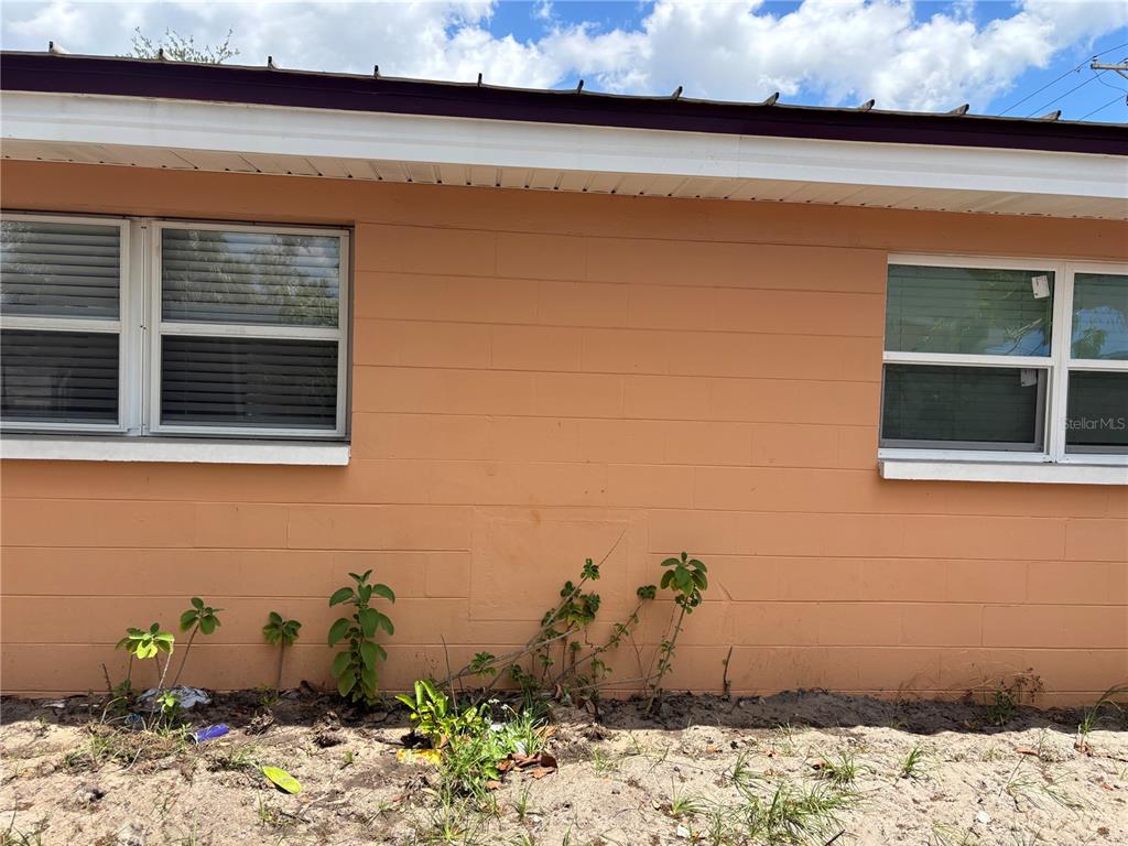 The exterior of a peach-colored concrete block house features two windows and sparse vegetation — 1320 LARSEN LN, TAMPA, FL