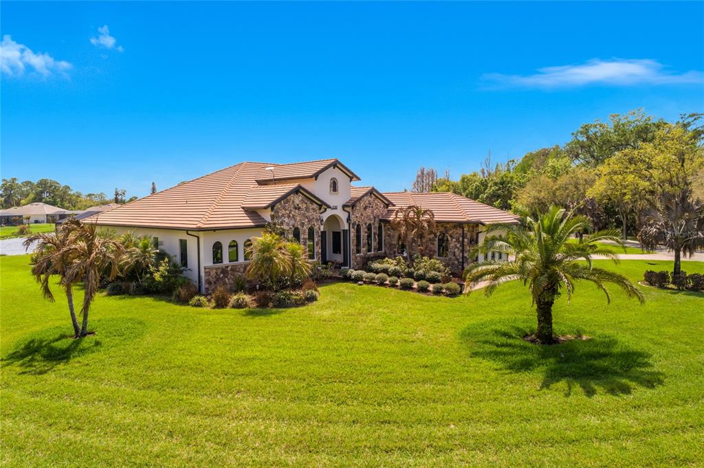 A single-story house with a stone facade, tile roof, and palm trees on a lawn — 17210 SERENGETI CIRCLE, ALVA, FL