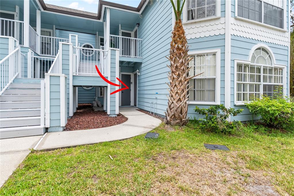 A ground-level apartment entrance with a concrete walkway, blue siding, and a palm tree — 2036 ROYAL BAY BOULEVARD UNIT 59, KISSIMMEE, FL