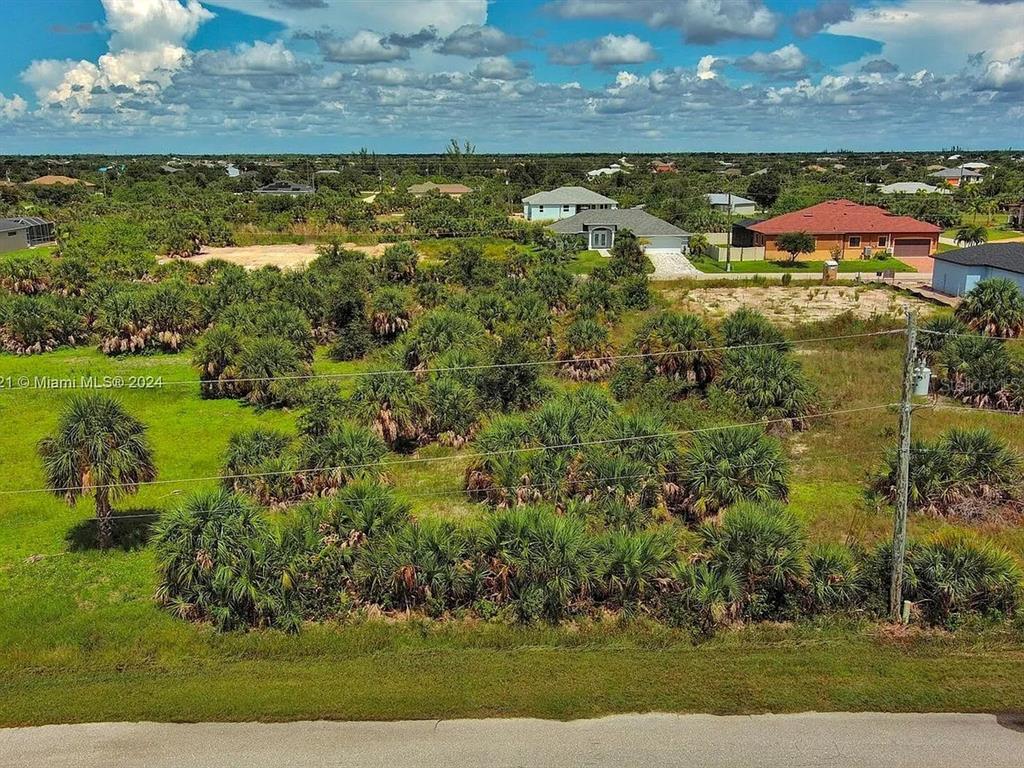 An aerial view shows a vacant, brush-covered lot next to suburban houses and a road — 10705 RAINSVILLE STREET, PORT CHARLOTTE, FL